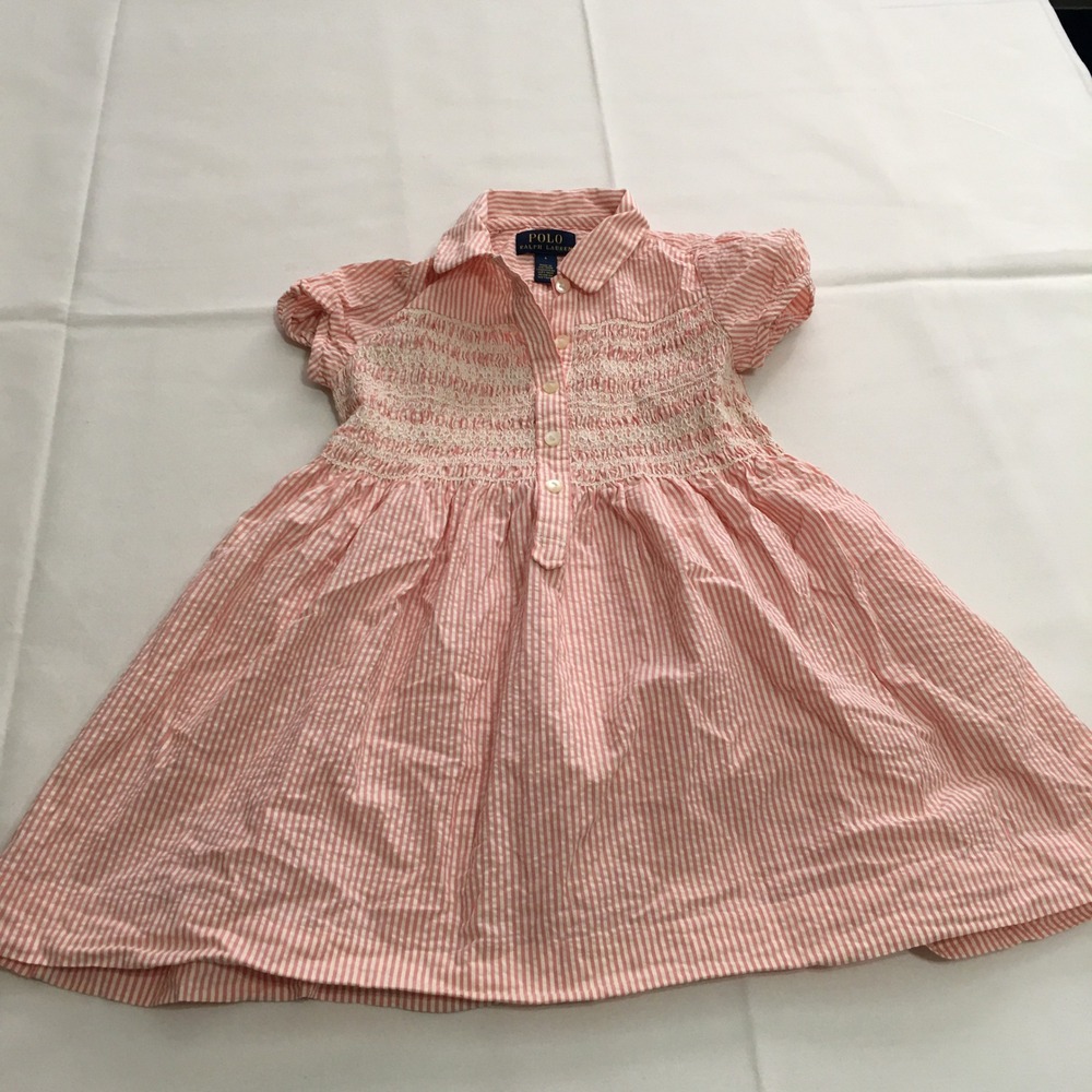 Polo Ralph Lauren Seersucker Dress Girls 4 Pink Striped Smocked Short Sleeve